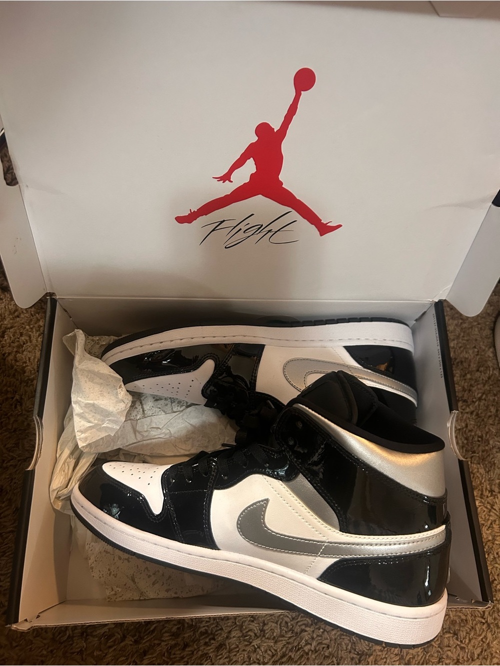 Jordan 1 Mid Black/White/Silver Patent Leather Sneakers
